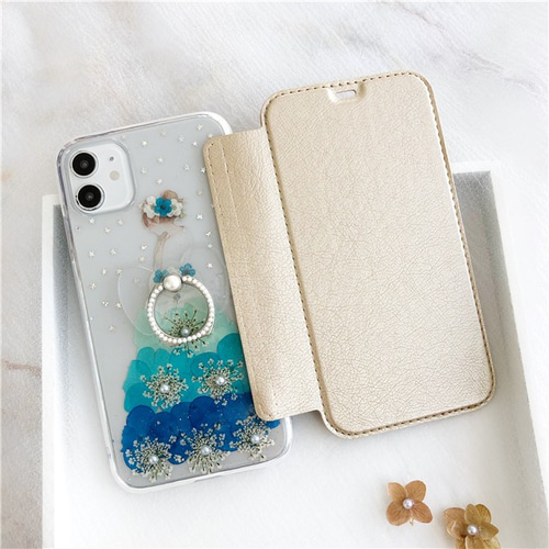 透明 パール スマホリング 手帳型 選べる5色 押し花スマホケース  