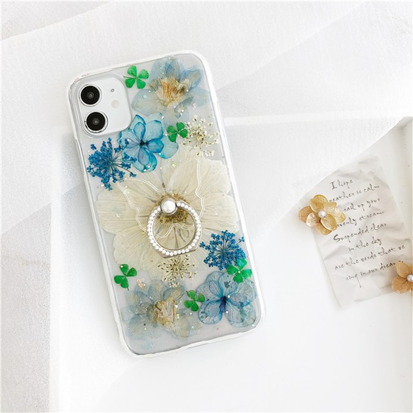 透明 パール スマホリング付き 押し花スマホケース iPhone15Pro  