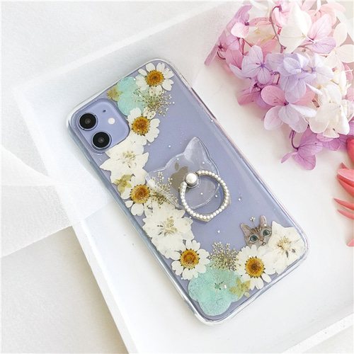 透明 パール スマホリング付き 押し花スマホケース ネコ iPhone15  