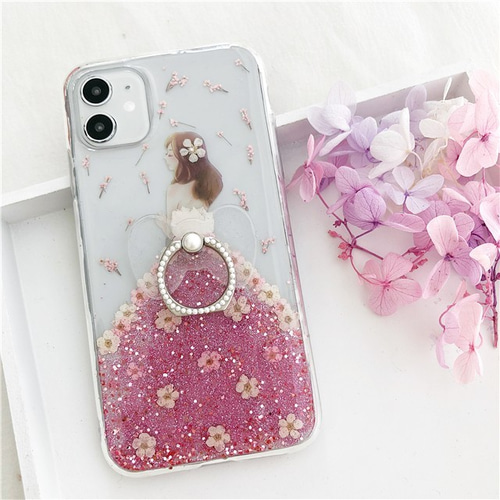 透明 パール スマホリング付き 押し花スマホケース iPhone15Pro