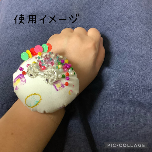ピンクッション マカロン柄 オレンジ アーム付き まち針 針山