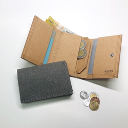 地球に優しいリサイクルレザーミニ財布□グレー□エコ コンパクト財布 三つ折りエシカル アップサイクル スマートウォレット 3枚目の画像