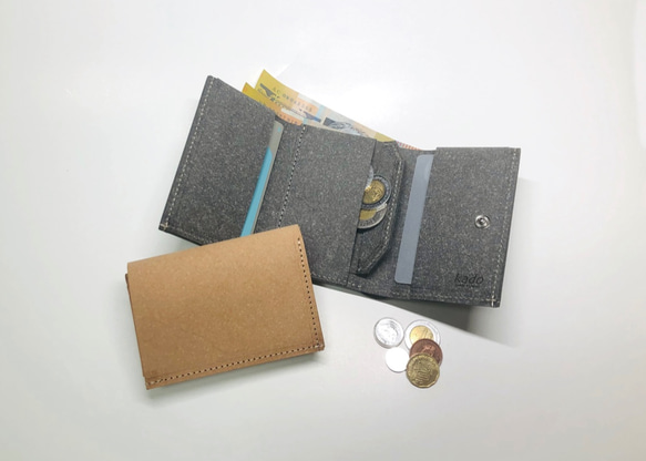 地球に優しいリサイクルレザーミニ財布□ベージュ□エコ コンパクト 三つ折りエシカル アップサイクル スマートウォレット 3枚目の画像