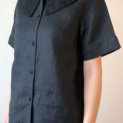 黒リネン つけ襟半袖シャツ 1枚目の画像