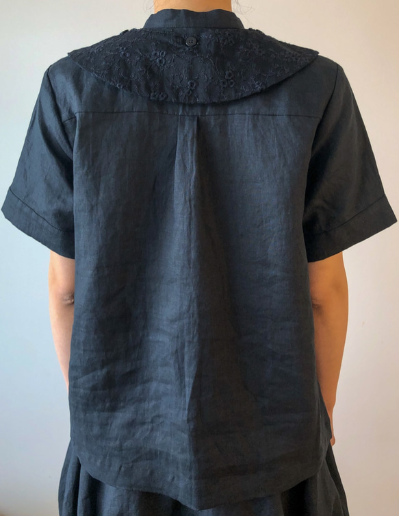 黒リネン つけ襟半袖シャツ 3枚目の画像