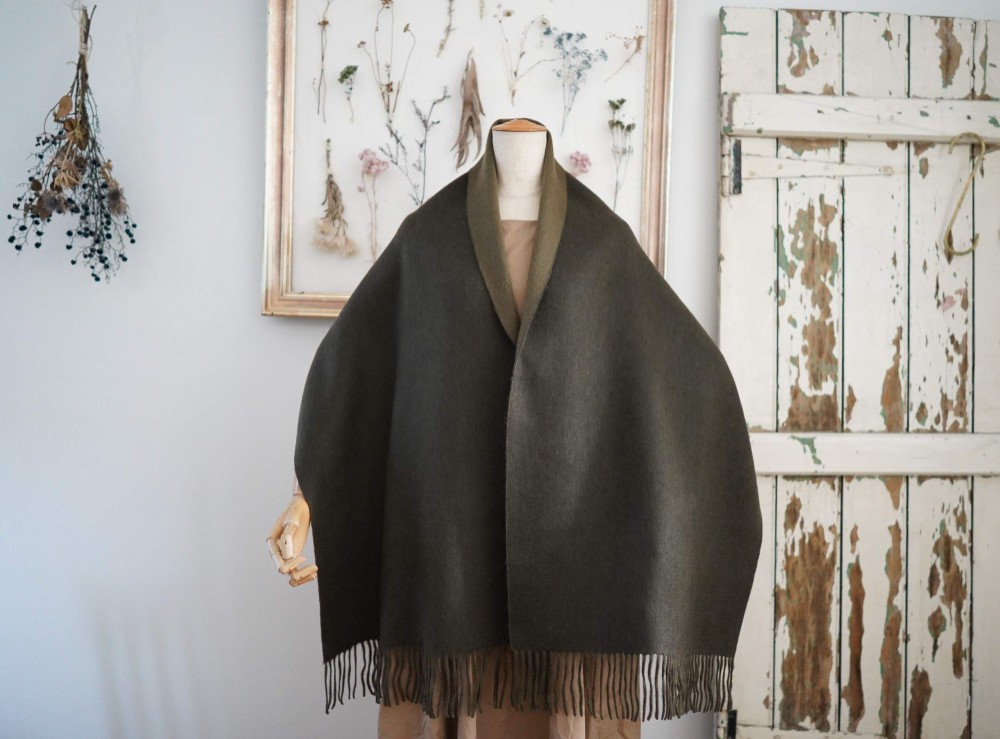 カシミア100％●オリーブグリーン● フリンジストール  ダブルフェイス 〇ウォッシャブル