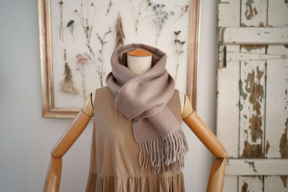 カシミア100%●ミルクティ色●フリンジマフラー ダブルフェイス 　ウォッシャブル