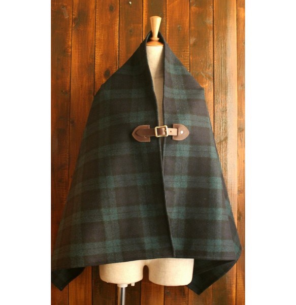 アルパカ混　二重織メルトンポンチョ ブラックウォッチ柄x濃茶 牛革