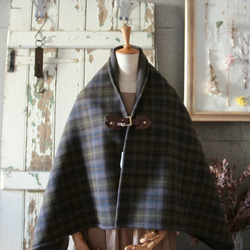 ブラウン系チェック カシミアウールポンチョ 濃茶レザー 着物 RAG