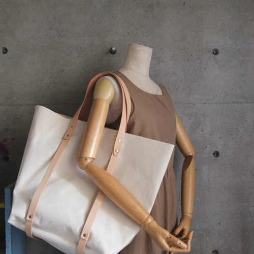 trois clefs 倉敷帆布 栃木レザー ベージュ系 大容量 トートバッグ 栃木レザーx倉敷帆布トート 牛ヌメ革もち手 ナチュラル トート