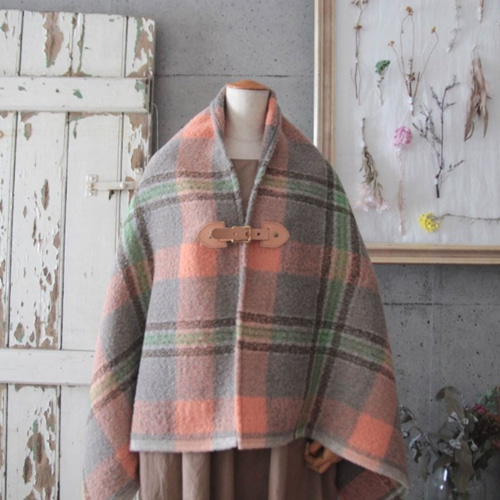 ◎ピンクチェック◎ アルパカモヘアのシャギー生地 ナチュラル牛革