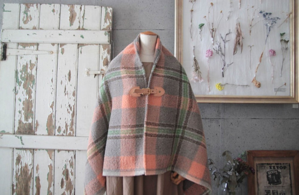 ◎ピンクチェック◎ アルパカモヘアのシャギー生地 ナチュラル牛革