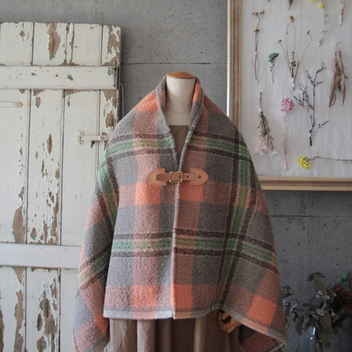 ◎ピンクチェック◎ アルパカモヘアのシャギー生地 ナチュラル牛革