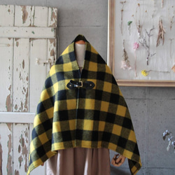 ○Wool Poncho○ YExBK 英国羊毛のツイードポンチョ 黒レザー 2枚目の画像