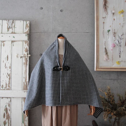 Gingham Check ■ Monotone ■ Wool Poncho x Black Leather Alpaca Bl 第6張的照片