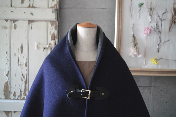 〇二重織りポンチョ〇 ネイビーxグレー BKレザー 牛ヌメ革 コート RAG