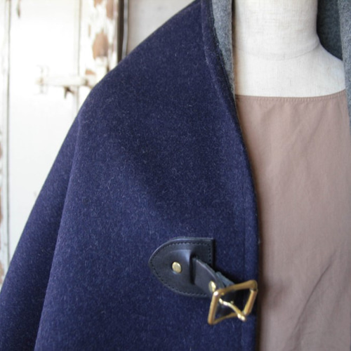 〇二重織りポンチョ〇 ネイビーxグレー BKレザー 牛ヌメ革 コート RAG