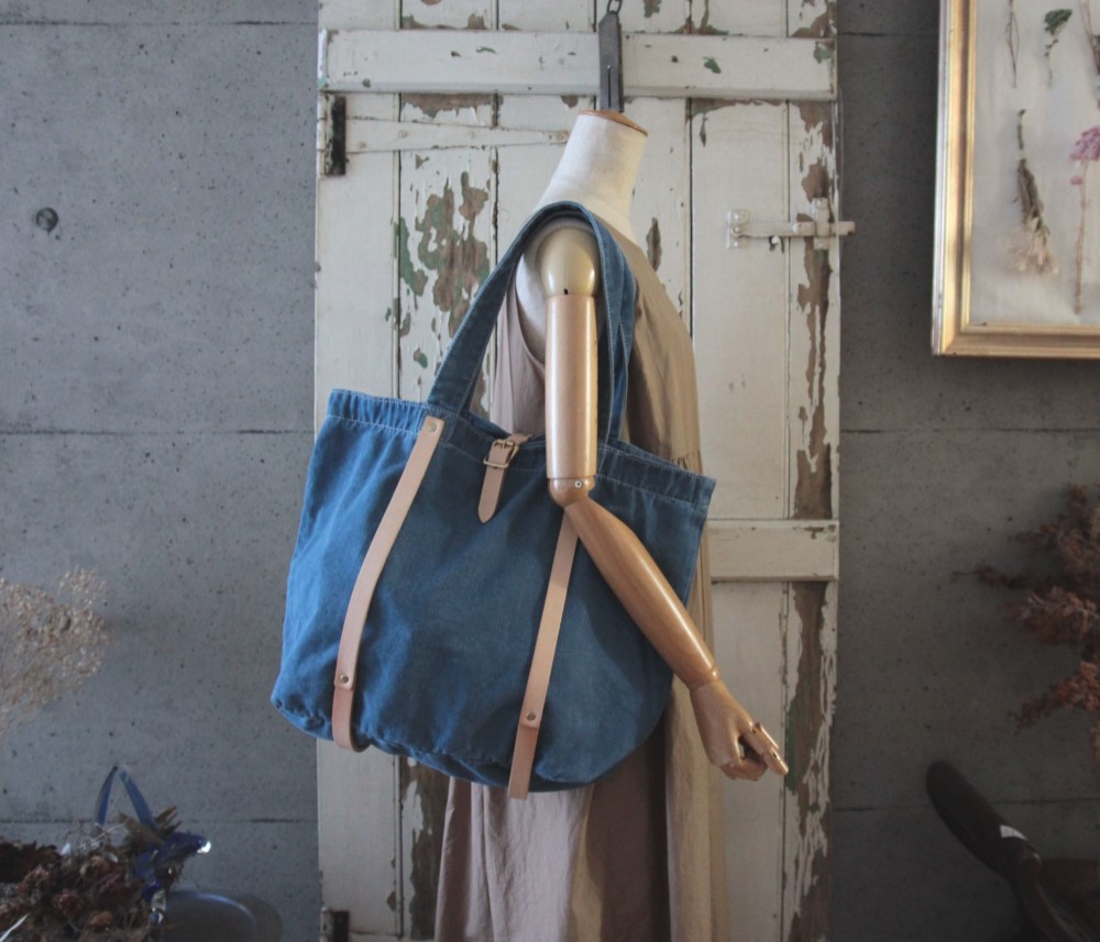 デニムトートx牛革ベルト インディゴ生地 イニシャルスタンプ可 レザー カスタマイズ可