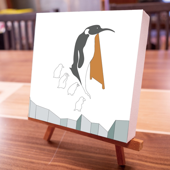 ペンギン立て看板に興味津々　正方形キャンバスプリント・ファブリックパネル 2枚目の画像