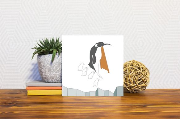 ペンギン立て看板に興味津々　正方形キャンバスプリント・ファブリックパネル 3枚目の画像