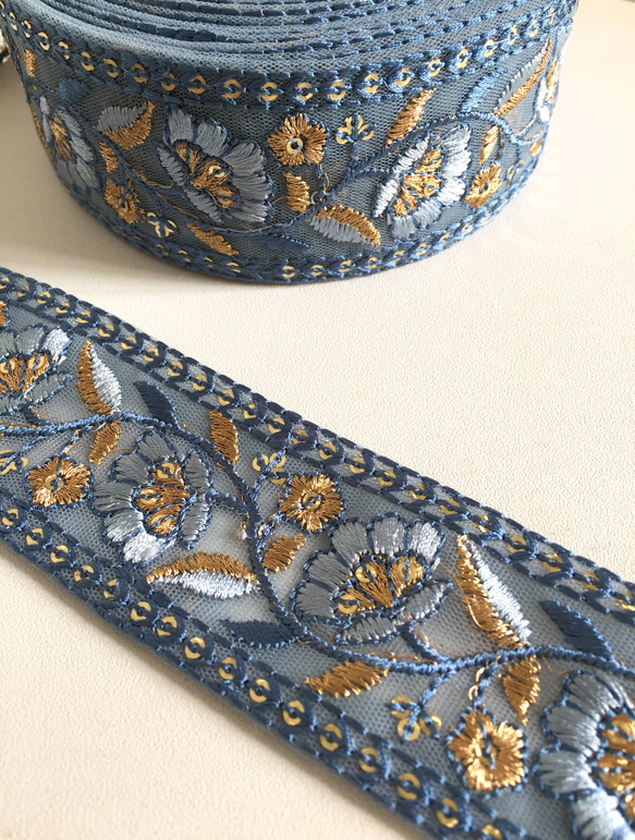 【50cm】インド刺繍リボン　ブルー 1枚目の画像