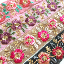 【50cm】インド刺繍リボン パープル　オーガンジーフラワー 5枚目の画像