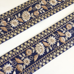 【50cm】インド刺繍リボン ネイビー　シルク　フラワー 1枚目の画像