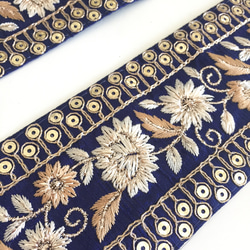 【50cm】インド刺繍リボン ネイビー　シルク　フラワー 2枚目の画像