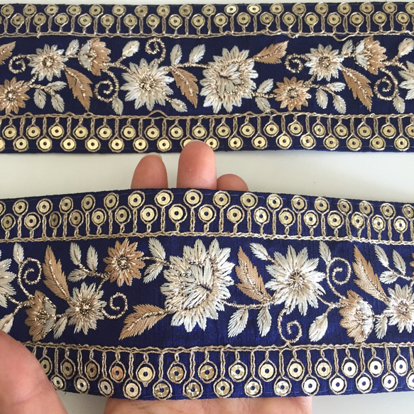 【50cm】インド刺繍リボン ネイビー　シルク　フラワー 3枚目の画像
