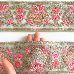 【50cm】インド刺繍リボン　シーグリーン　オーガンジー　フラワーポット 3枚目の画像