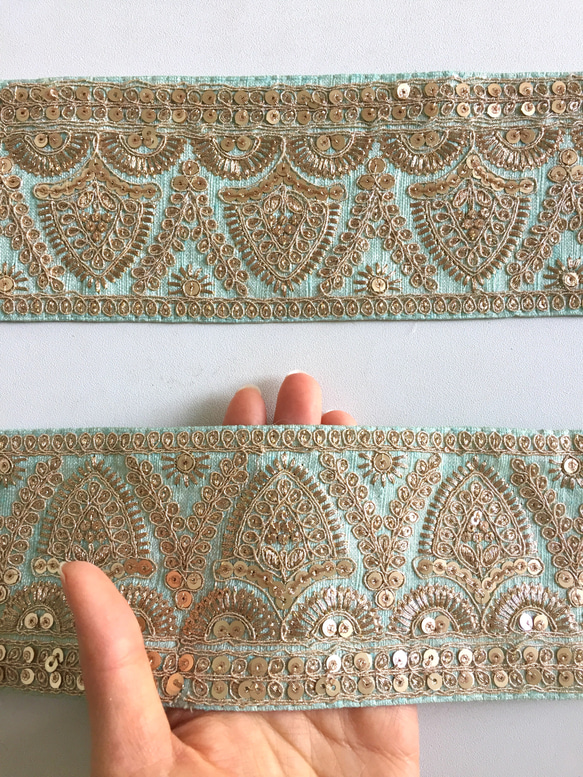 【50cm】インド刺繍リボン ミントグリーン　スパンコール　SS154 3枚目の画像