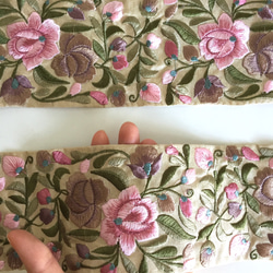 【50cm】インド刺繍リボン　ベージュxピンク　ボタニカル 3枚目の画像