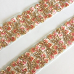 【50cm】インド刺繍リボン　ネット　グリーンxピンク 2枚目の画像