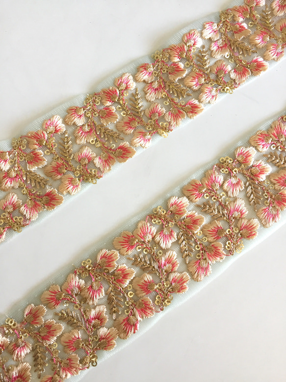 【50cm】インド刺繍リボン　ネット　グリーンxピンク 2枚目の画像