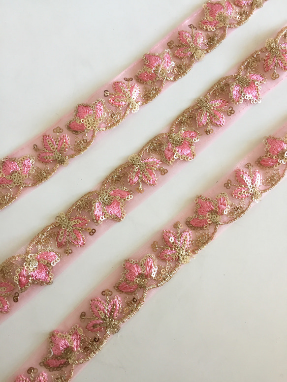 【SALE♡50cm】インド刺繍リボン　スパンコール　ピンク 3枚目の画像