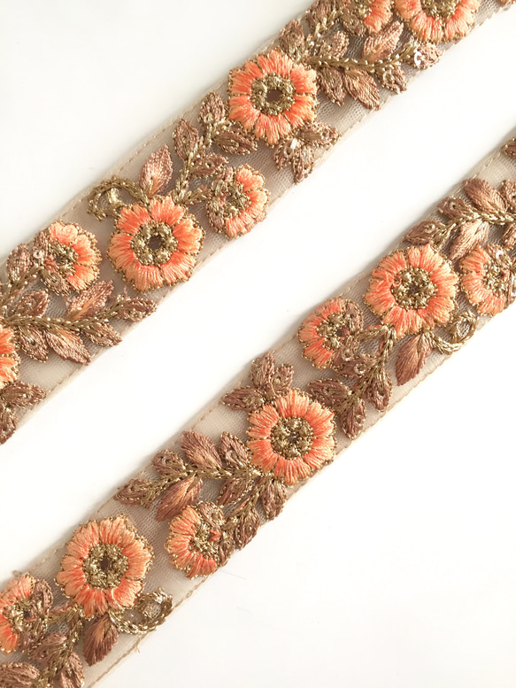 【50cm】インド刺繍リボン ネット　ピーチ 2枚目の画像