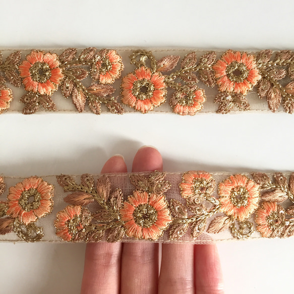 【50cm】インド刺繍リボン ネット　ピーチ 3枚目の画像