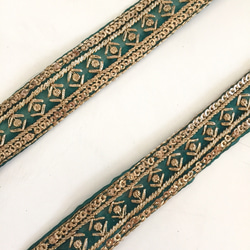 【50cm】インド刺繍リボン グリーンxゴールド　オーガンジー 4枚目の画像