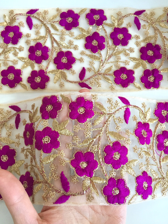 【50cm】インド刺繍リボン　パープル　ネット 4枚目の画像