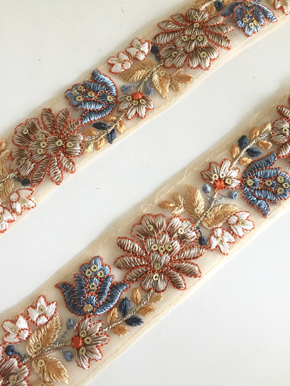 【50cm】インド刺繍リボン　ネット　ブラウンxブルー 1枚目の画像