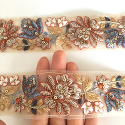 【50cm】インド刺繍リボン　ネット　ブラウンxブルー 3枚目の画像