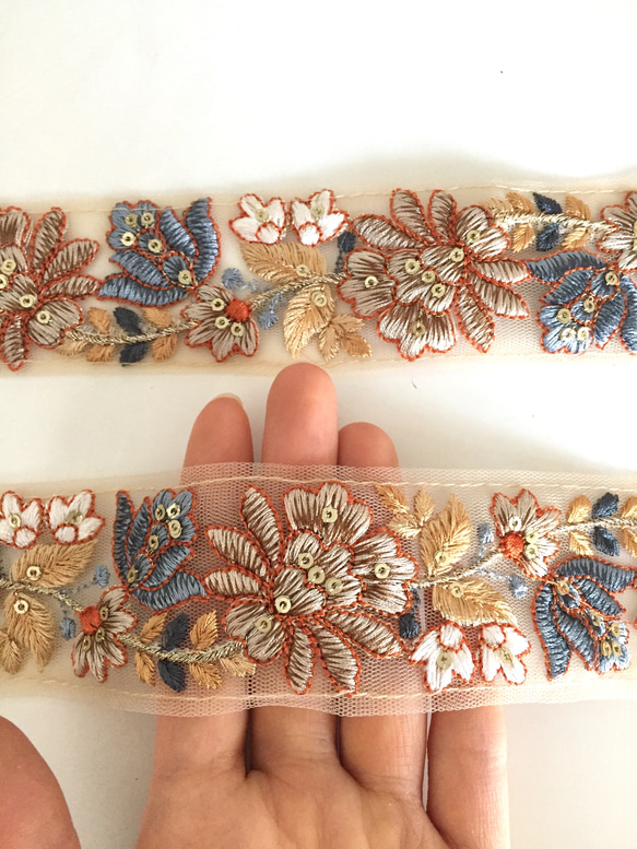 【50cm】インド刺繍リボン　ネット　ブラウンxブルー 3枚目の画像