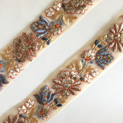 【50cm】インド刺繍リボン　ネット　ブラウンxブルー 4枚目の画像