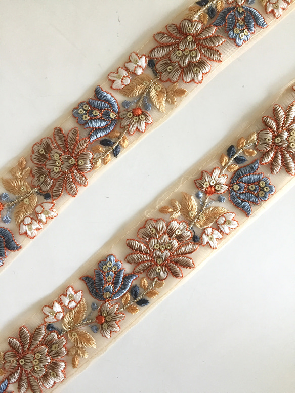 【50cm】インド刺繍リボン　ネット　ブラウンxブルー 4枚目の画像