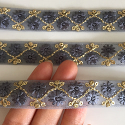 【50cm】インド刺繍リボン　ネット　ブルーグレー 4枚目の画像