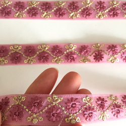 【50cm】インド刺繍リボン　ネット　赤紫 5枚目の画像