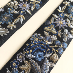 【50cm】インド刺繍リボン　ブラックxブルー　シルク 5枚目の画像