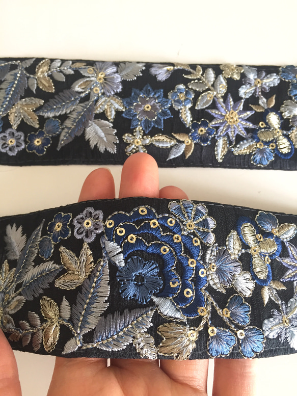 【50cm】インド刺繍リボン　ブラックxブルー　シルク 6枚目の画像