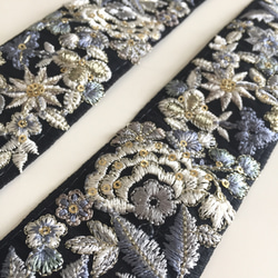 【50cm】インド刺繍リボン　ブラックxホワイト　シルク 3枚目の画像