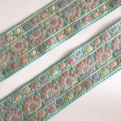 【50cm】インド刺繍リボン グリーン　シルク 2枚目の画像